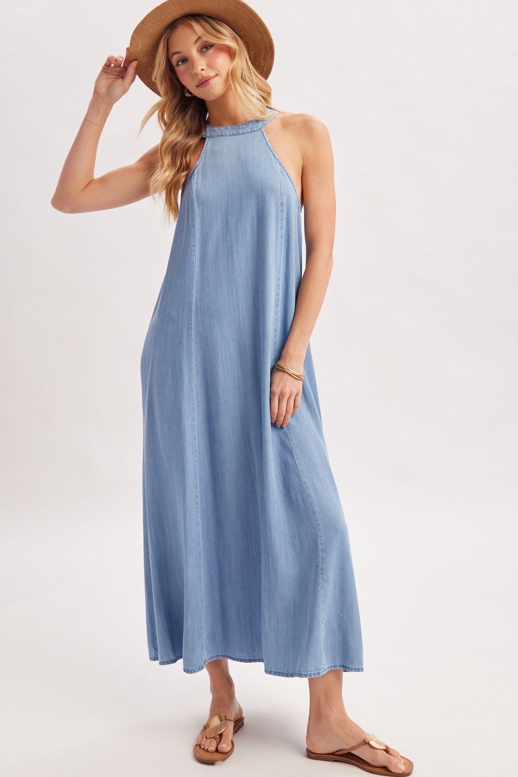 WASHED DENIM HALTER MAXI DRESS, Contents:100%TENCEL