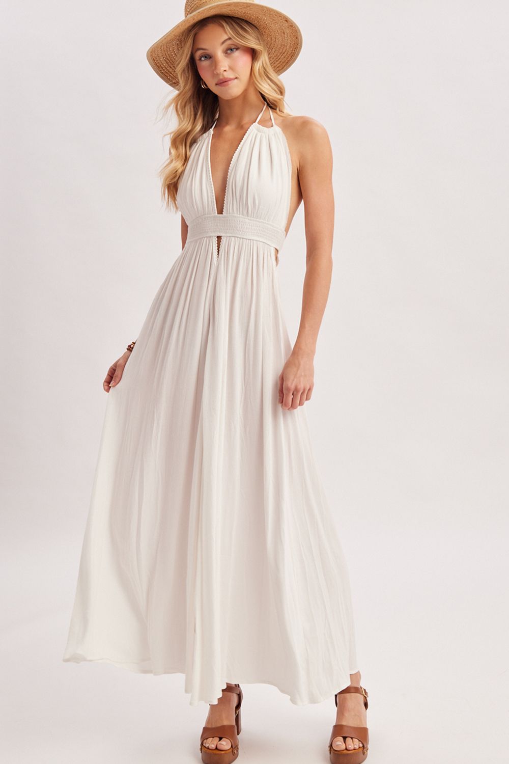 A CRINKLY CREPE WITH A DEEP V-NECK, ADJUSTABLE ROPE HALTER DRESS, Contents:100%COTTON