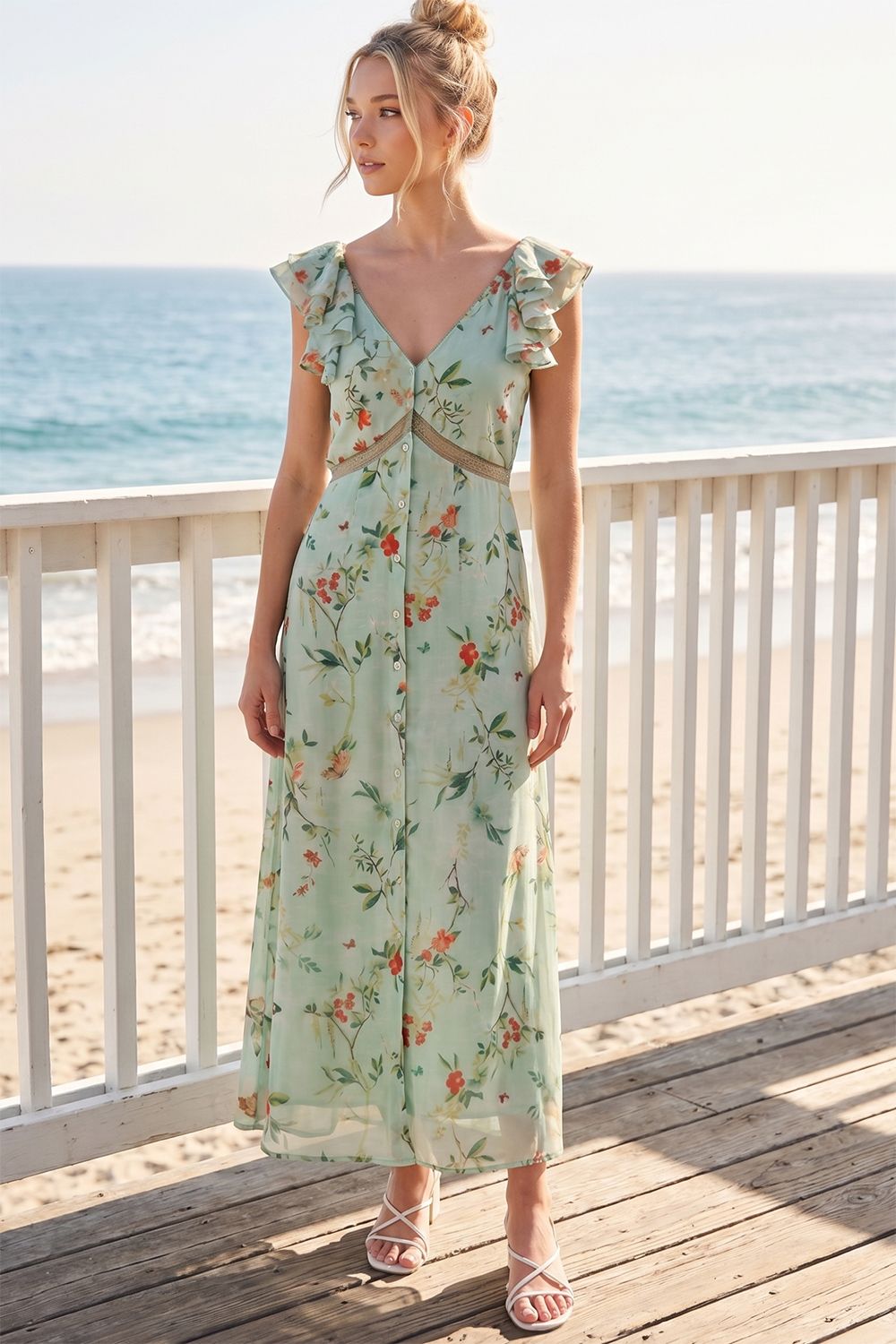 FLORAL PRINT RUFFLED SLEEVE CUTOUT TRIMMED TIE-BACK SLIP MAXI DRESS, Contents:100%POLYESTER
