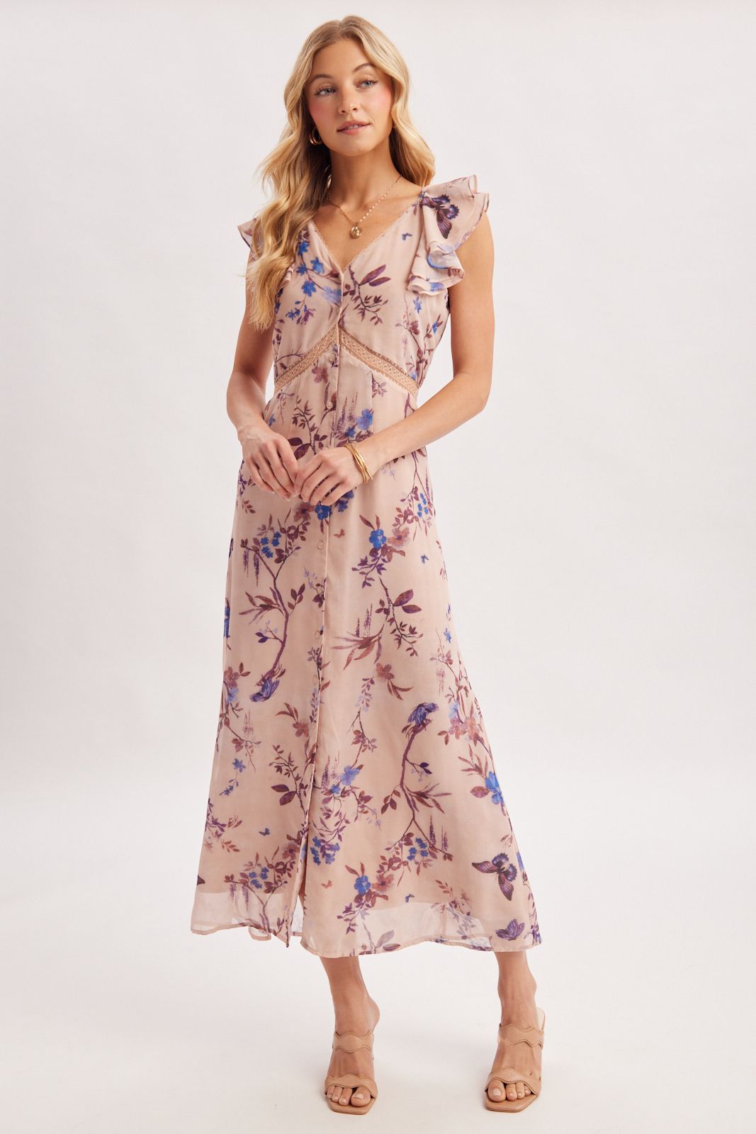 FLORAL PRINT RUFFLED SLEEVE CUTOUT TRIMMED TIE-BACK SLIP MAXI DRESS, Contents:100%POLYESTER