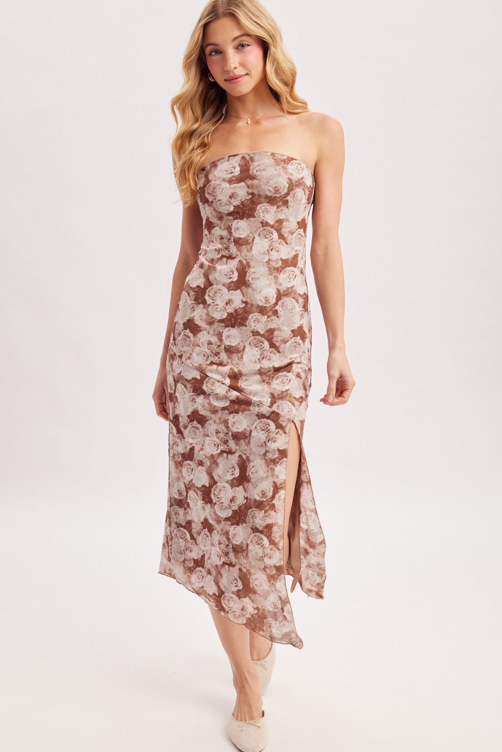 PRINT MESH STRAPLESS TUBE-STYLE MIDI DRESS, Contents:95%POLYESTER, 5%SPANDEX