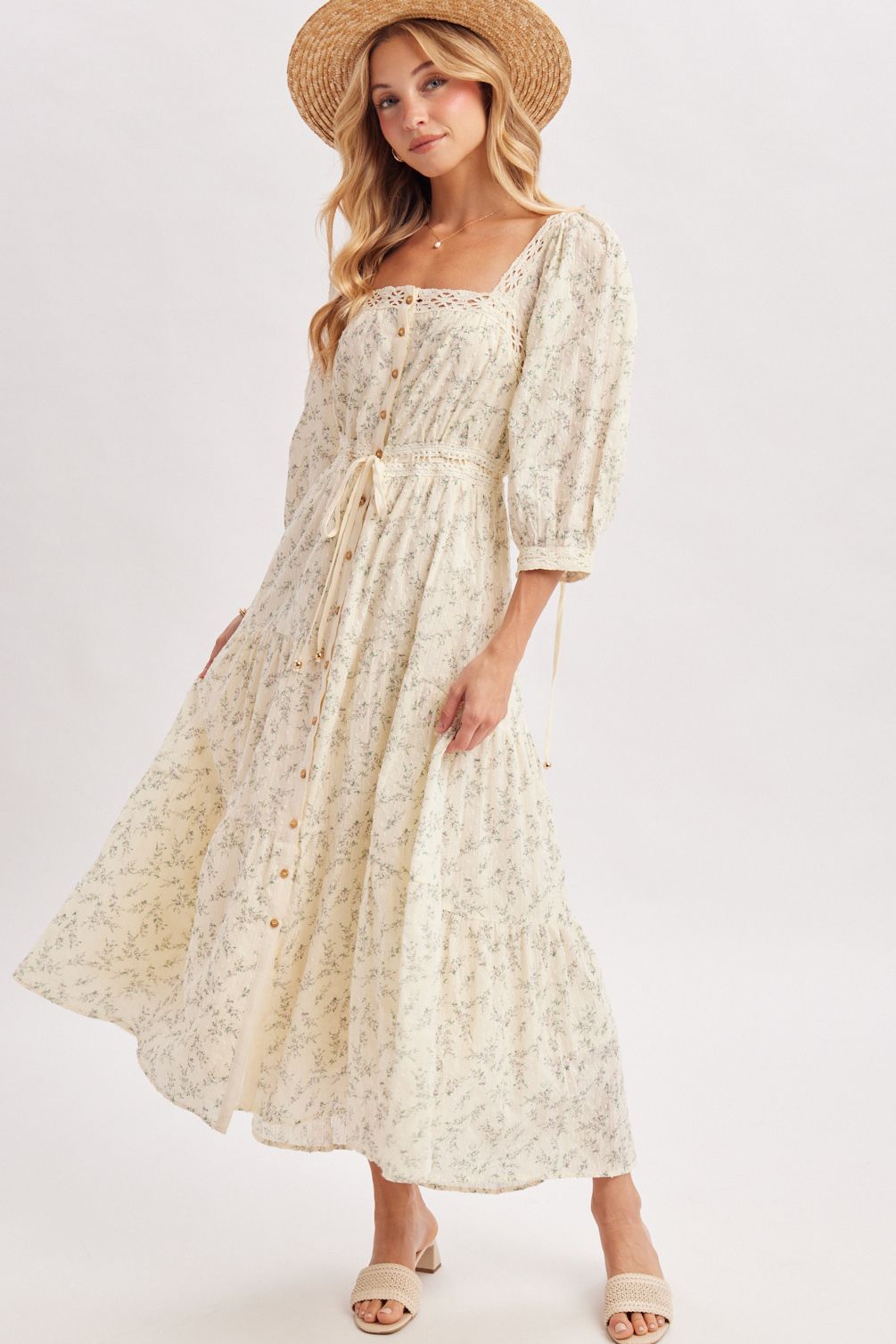 ROMANTIC FLORAL PRINT LACE TRIMMED SQUARE NECK MAXI SUMMER DRESS, Contents:100%COTTON
