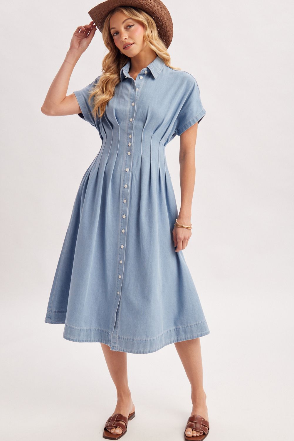 BUTTON DOWN PLEATED WAIST EXAGGERATED SLEEVES DENIM SHIRT DRESS, Contents:65%COTTON, 35%POLYESTER