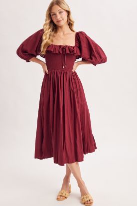 BOHO RUFFLED SQUARE NECK SELF-TIE SIDE SLIT MIDI DRESS, Contents:100%COTTON