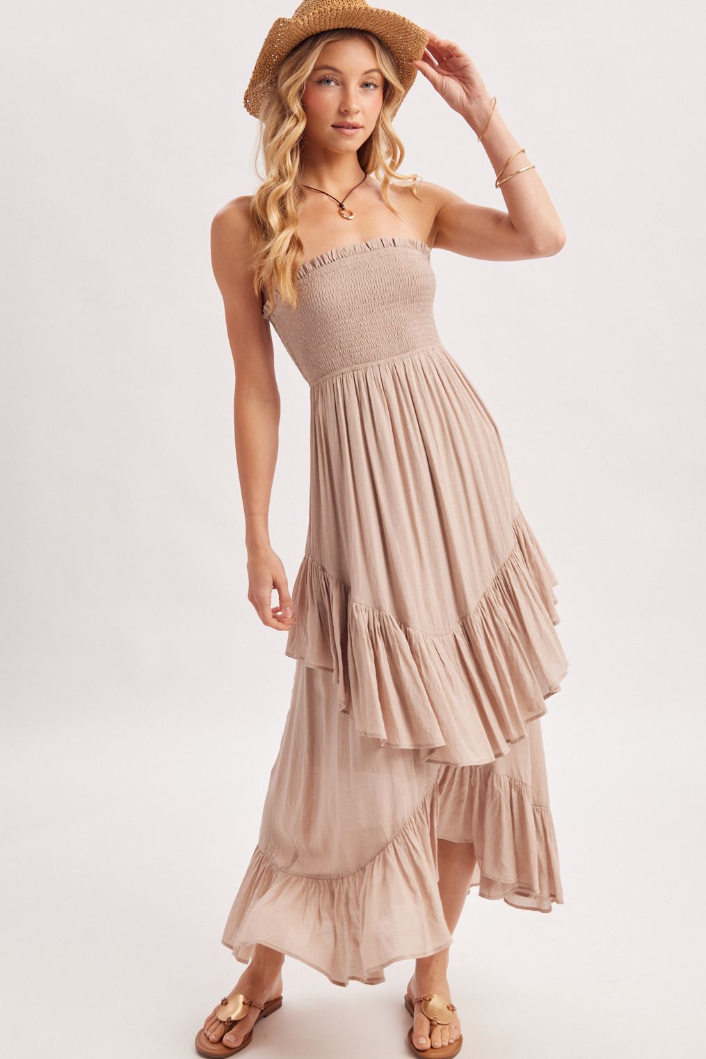 BOHO STRAPLESS ASYMMETRICAL TIERED RUFFLE MAXI SUNDRESS, Contents:100%POLYESTER
