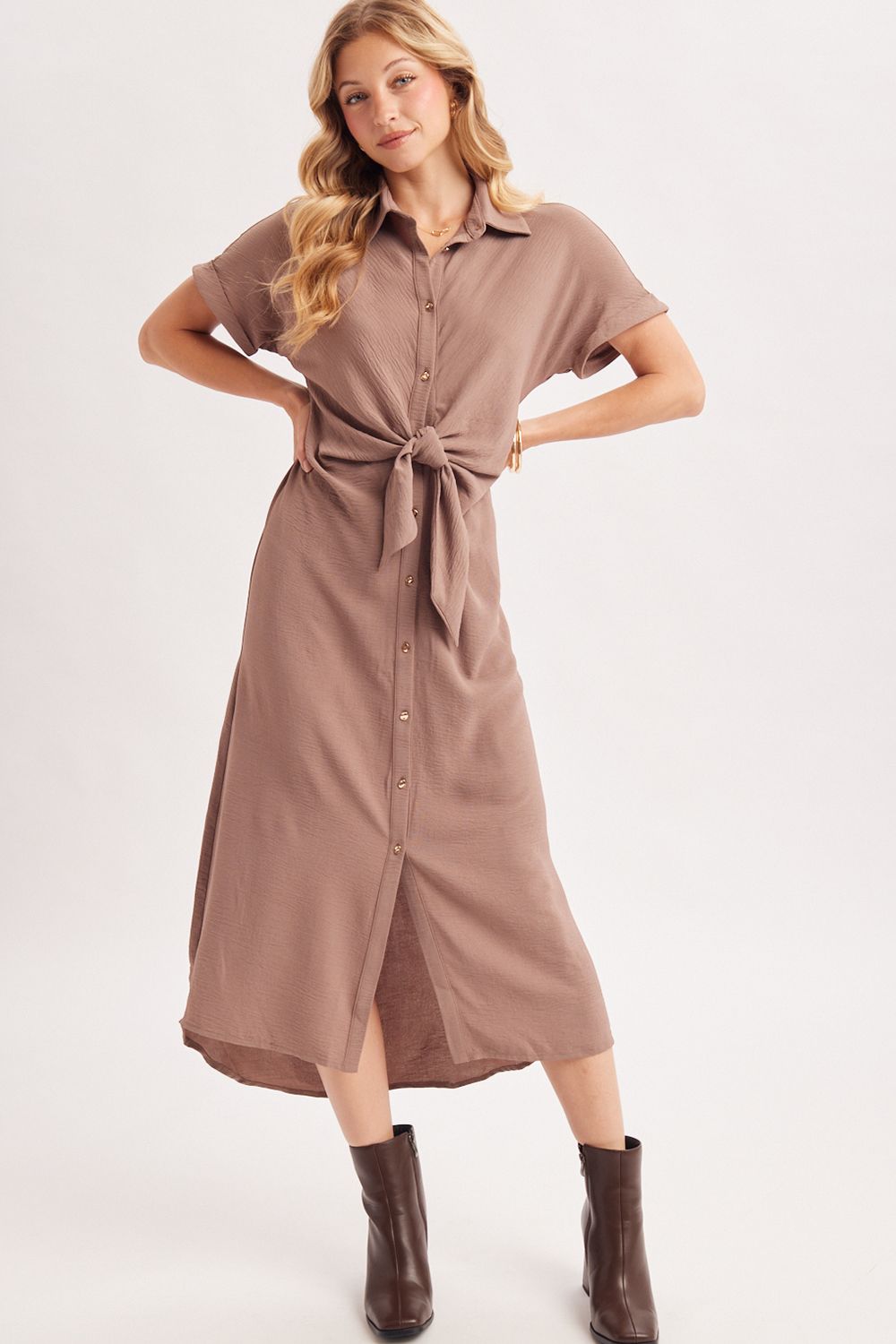 SELF-TIE KNOT BUTTON DOWN MIDI SHIRT DRESS, Contents:100%POLYESTER