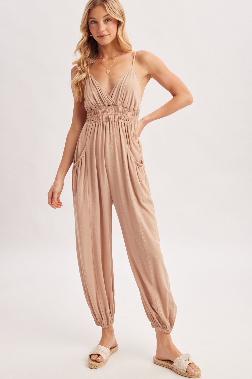 ADJUSTABLE SLEEVELESS STRAP SMOCKED JUMPSUIT, Contents:100%RAYON
