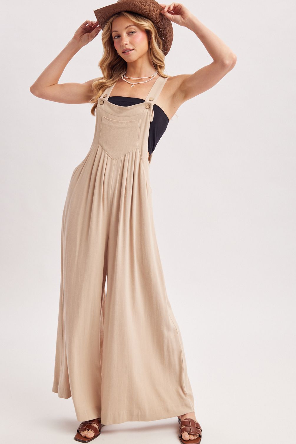 FLOWY WIDE LEG OVERALL JUMPSUIT, Contents:70%RAYON, 30%LINEN