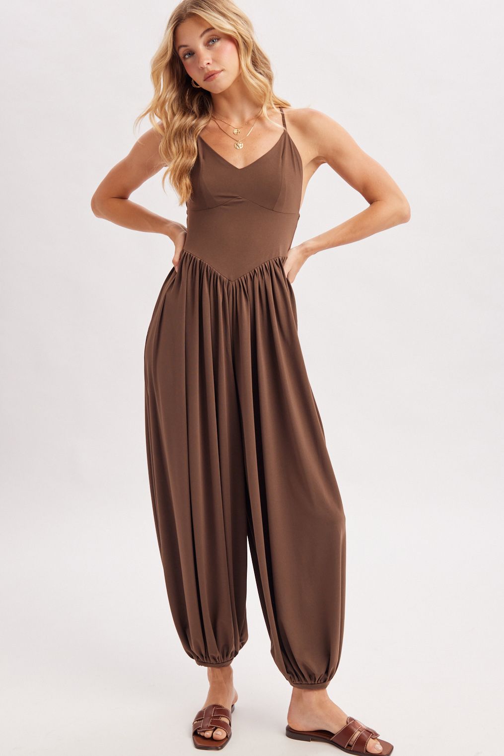 V-NECK RELAXED FLOWY LEGS JUMPSUIT CRISS-CROSS OPEN BACK, Contents:95%POLYESTER, 5%SPANDEX