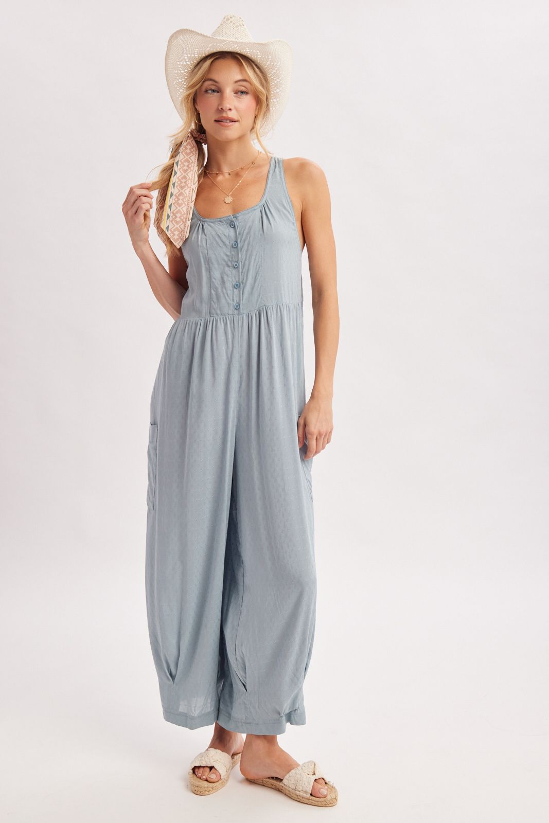 BOHO CROSS-BACK RELAXED SLEEVELESS JUMPSUIT, Contents:100%COTTON