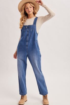 ZIP FRONT DENIM OVERALL JUMPSUIT, Contents:100%COTTON