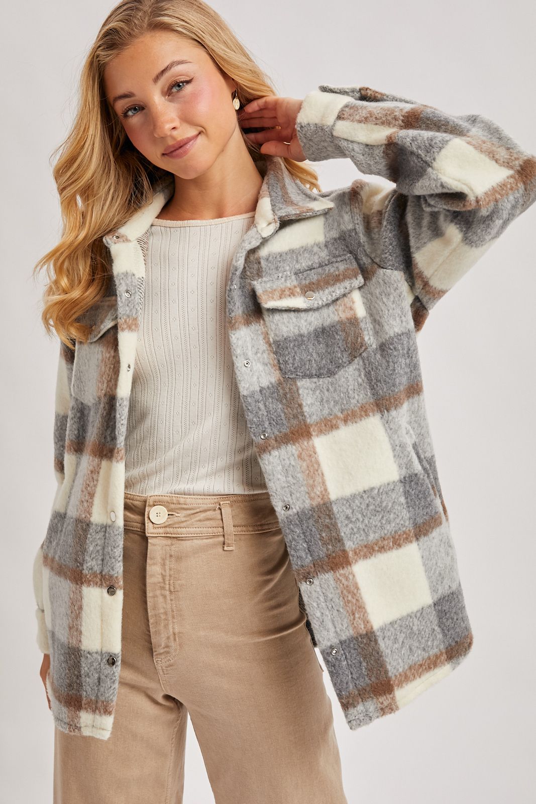 PLAID BRUSHED FLANNEL SHACKET, Contents:100%POLYESTER