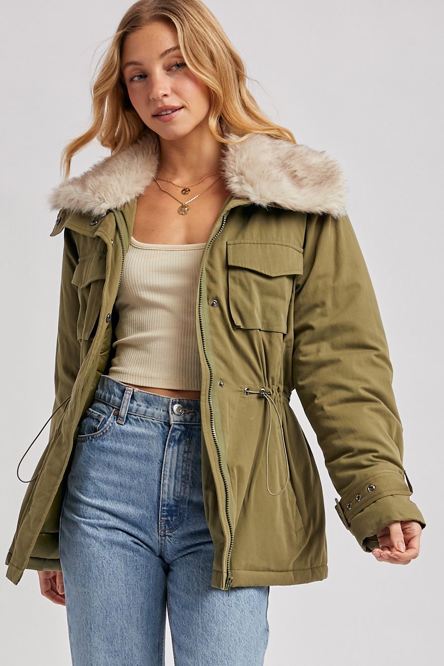 FUR DETACHABLE COLLAR UTILITY PARKA JACKET, Contents:SELF:100%COTTON, CONTRAST:100%POLYESTER, FILL:100%POLYESTER