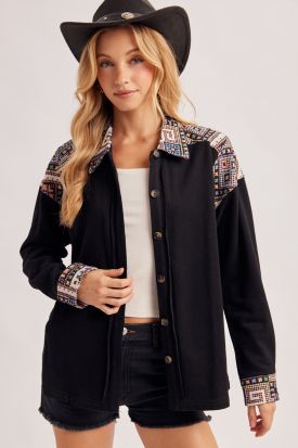 EMBROIDERED BUTTON DOWN SHACKET WITH SIDE POCKETS, Contents:50%POLYESTER, 50%COTTON
