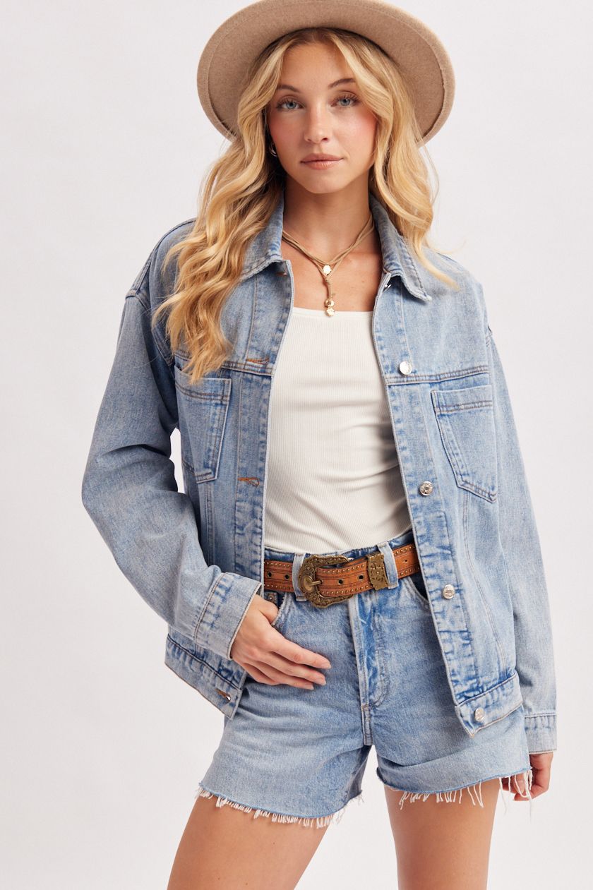 DENIM BUTTON DOWN OVERSIZED JACKET, Contents:100%COTTON