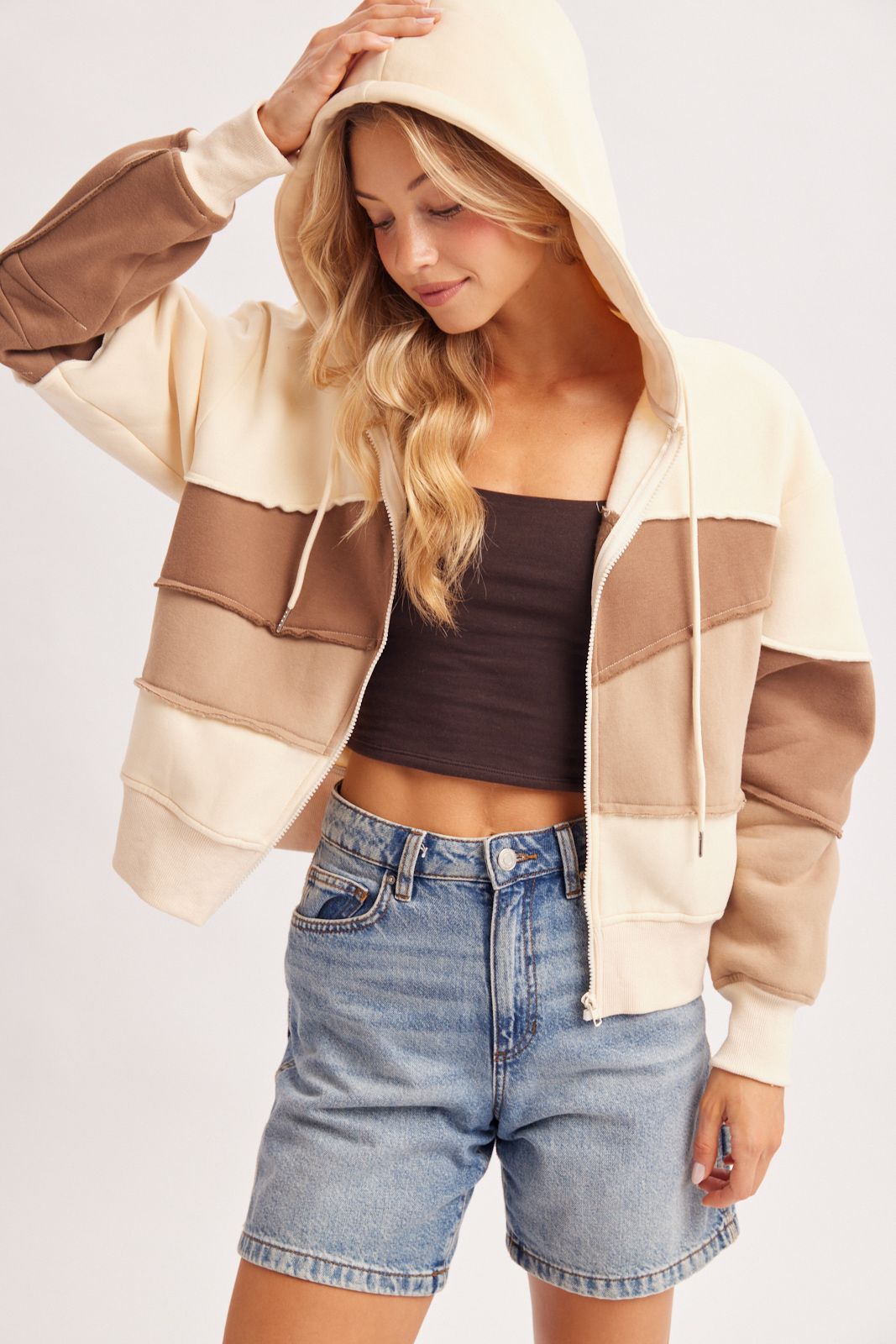 ZIPPER FRONT PATCHWORK LANDSCAPE HOODIE JACKET, Contents:SELF:100%POLYESTER. CONTRAST:50%COTTON, 15%POLYESTER