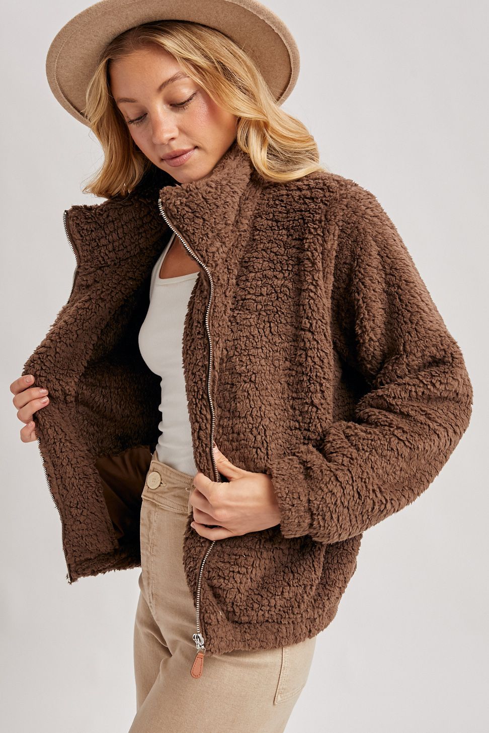 FLEECE ZIP UP TEDDY JACKET, Contents:100%POLYESTER