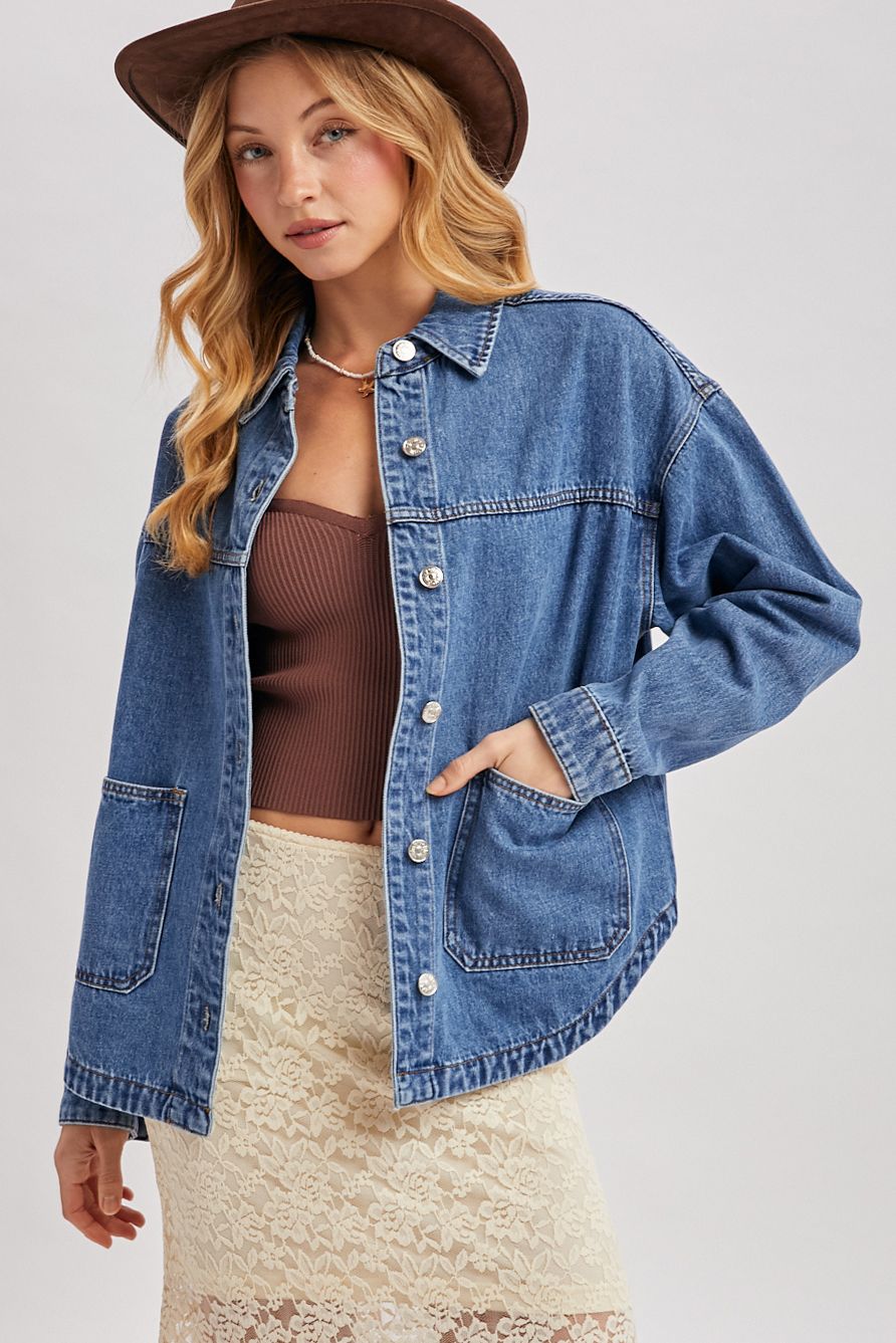 DENIM BUTTON DOWN SHACKET WITH POCKETS, Contents:100%COTTON
