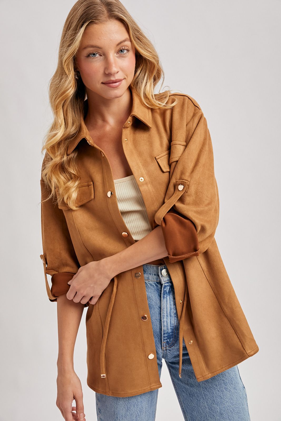 FAUX SUEDE BUTTON DOWN ROLL-UP SLEEVE SHACKET, Contents:95%POLYESTER, 5%SPANDEX