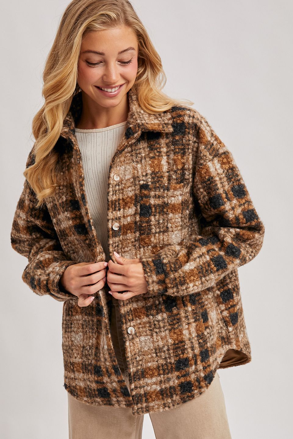 BUTTON DOWN BOUCLE PLAID SHACKET WITH POCKETS, Contents:100%POLYESTER