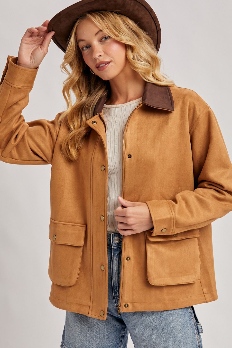 BUTTON DOWN FAUX SUEDE BARBOUR JACKET, Contents:95%POLYESTER, 5%SPANDEX