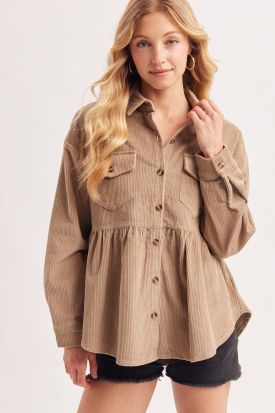 BUTTON DOWN CORDUROY PEPLUM SHACKET, Contents:100%COTTON