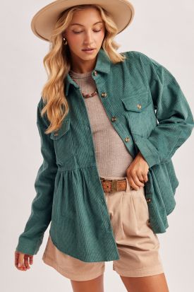 BUTTON DOWN CORDUROY PEPLUM SHACKET, Contents:100%COTTON