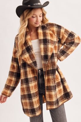 PLAID OPEN FRONT KNIT SHERPA COAT JACKET, Contents:100%POLYESTER
