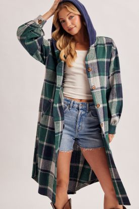 LONGLINE PLAID HOODED JACKET, Contents:100%POLYESTER