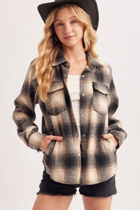 SNAP BUTTON DOWN PLAID SHACKET, Contents:100%POLYESTER