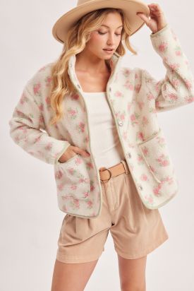 SNAP-BUTTON DOWN FLORAL SHERPA FLEECE JACKET, Contents:100%POLYESTER
