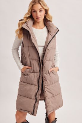 DETACHABLE HOOD ZIPPER LONGLINE QUILTED PUFFER VEST, Contents:100%POLYESTER