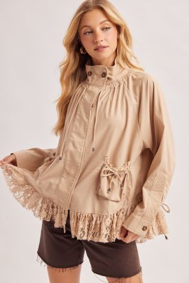 RUFFLE LACE TRIMMED SNAP BUTTON DOWN MOCK NECK JACKET, Contents:40%LINEN, 40%VISCOSE, 10%COTTON, 10%POLYESTER