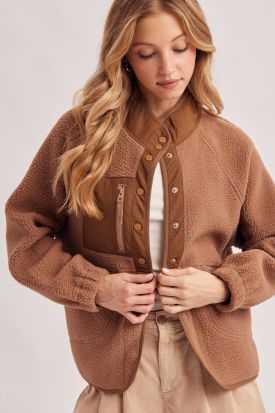 TEDDY FLEECE SHERPA SNAP BUTTON MOCK NECK JACKET, Contents:SELF:100%POLYESTER. CONTRAST:100%POLYESTER
