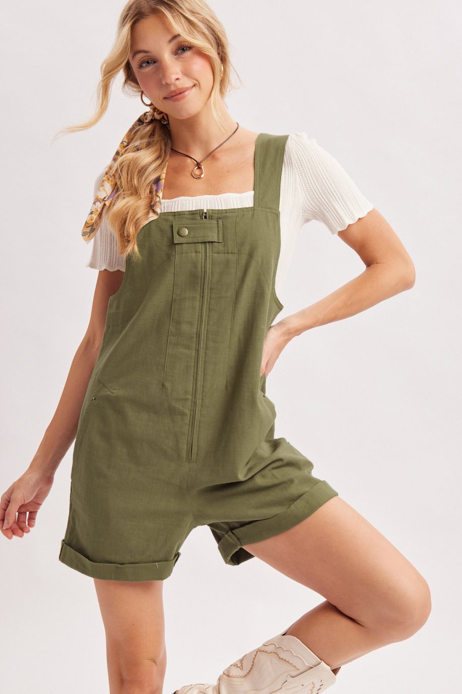 ZIPPER FRONT SNAP BUTTON SQUARE NECK SHORTALLS, Contents:100%COTTON