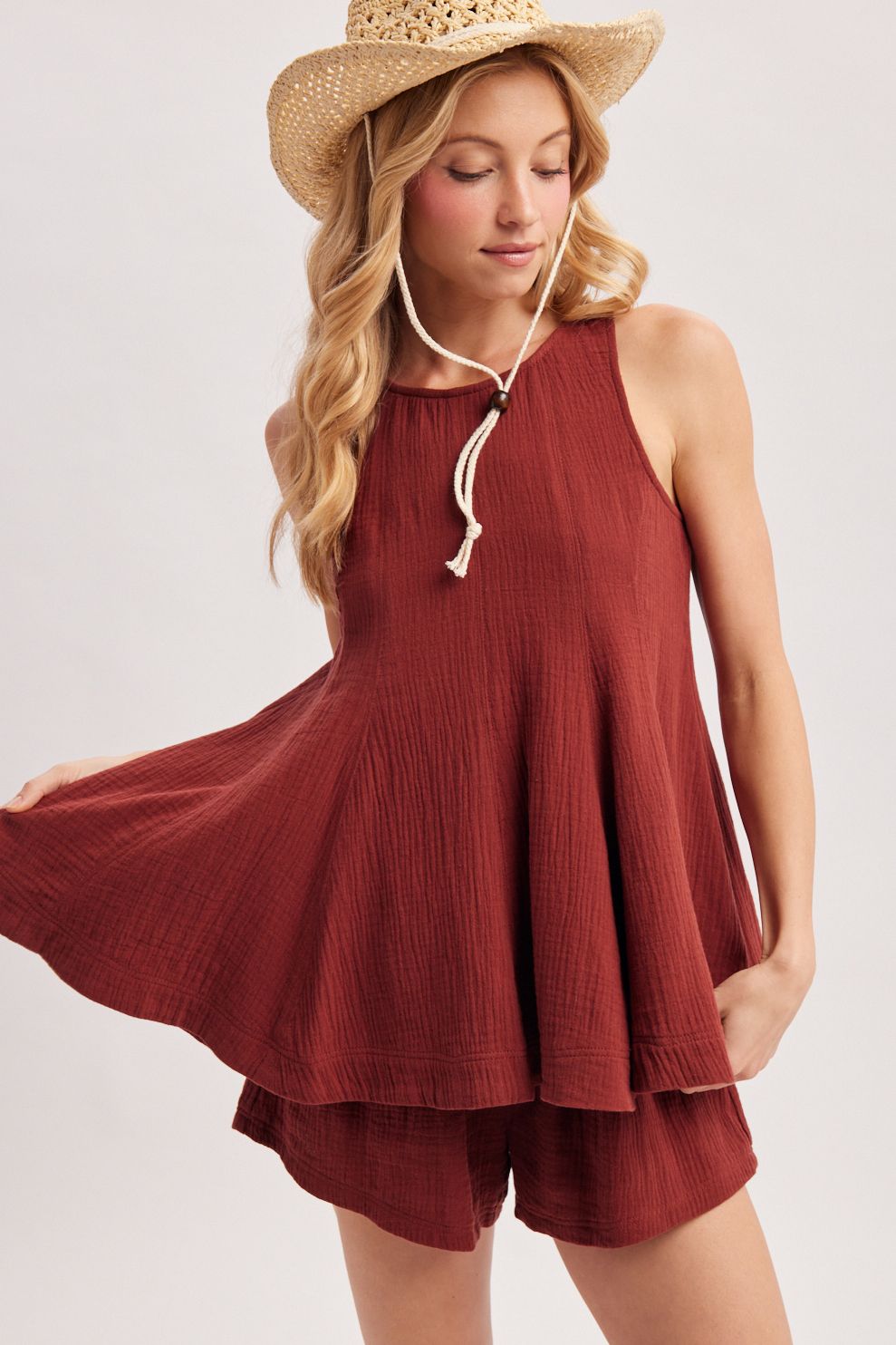 GUAZE FLARE SLEEVELESS TOP AND SHORTS SET, Contents:100%COTTON