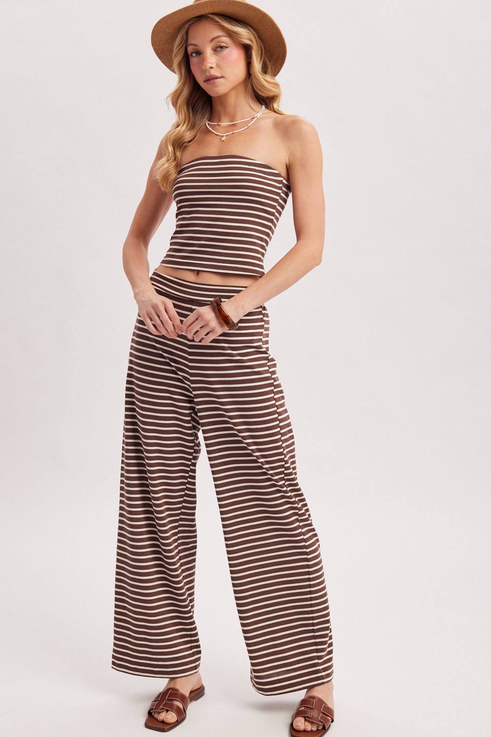 STRIPED KNIT TUBE AND WIDE PANTS SET, Contents:50%COTTON, 50%POLYESTER