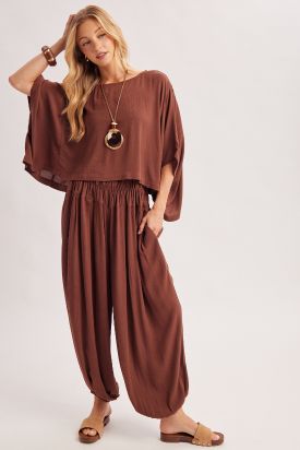 BOHO OVERSIZED DOLMAN TOP AND BALLOON LEG PANTS SET, Contents:100%RAYON