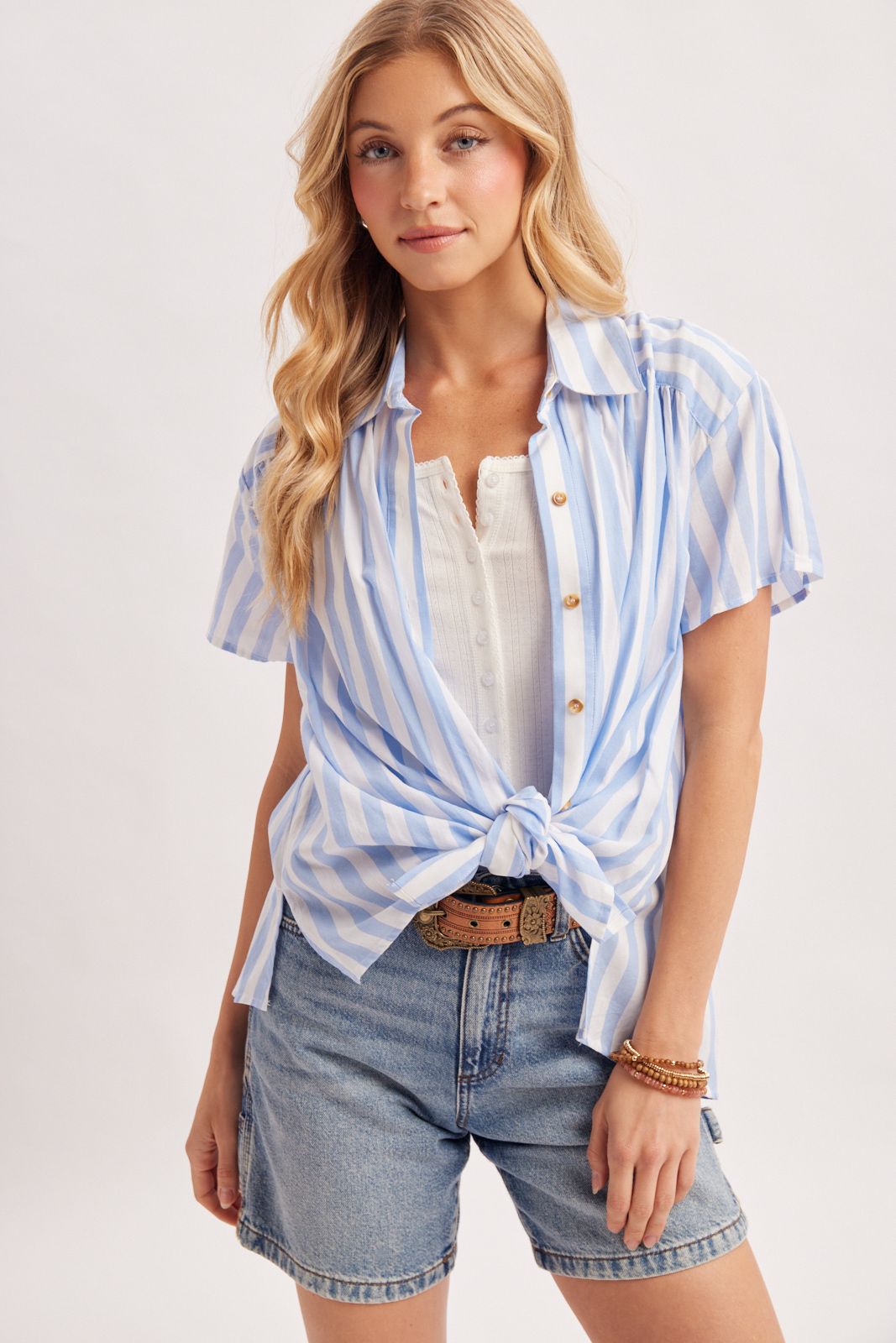STRIPED FRONT TIE SHIRT TOP, Contents:100%COTTON