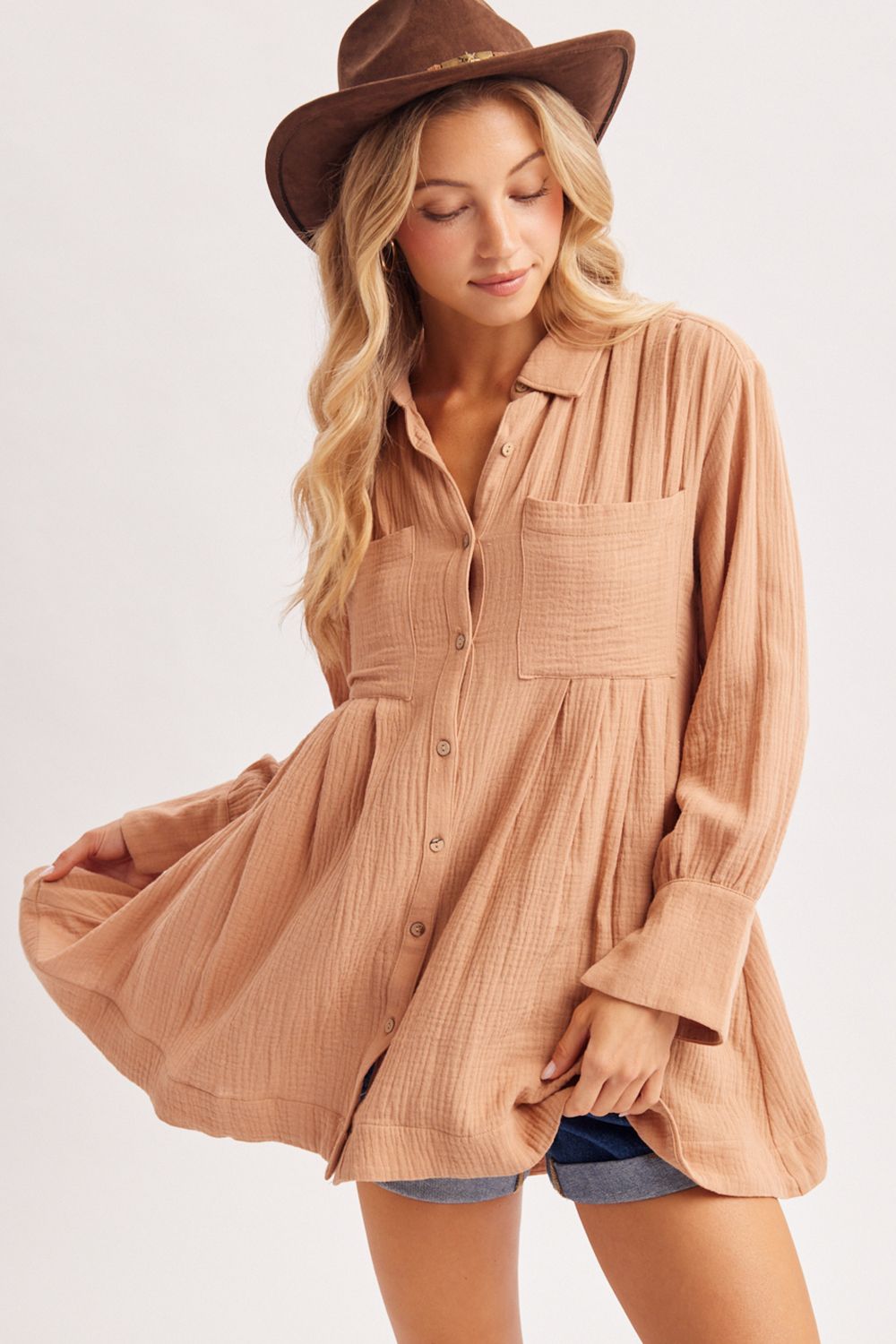BUTTON DOWN SHIRT TUNIC DRESS, Contents:100%COTTON