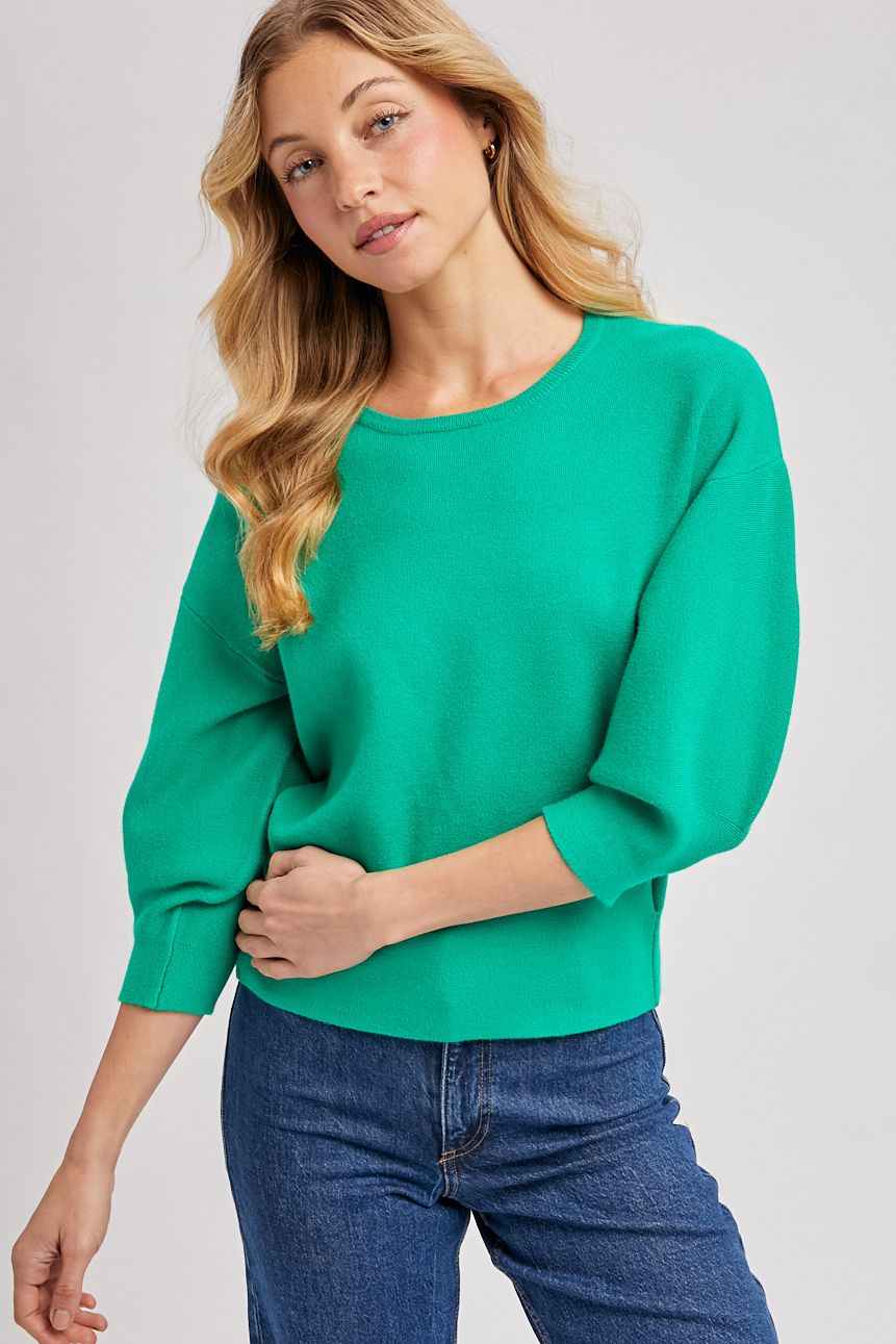 PUFFED 3/4 SLEEVED KNIT SWEATER TOP, Contents:50%VISCOSE, 28%POLYESTER, 22%NYLON