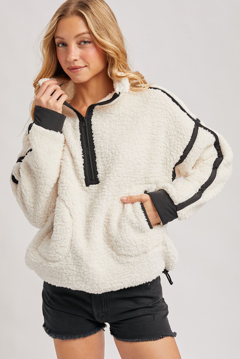 HALF ZIP CONTRAST SHERPA FLEECE TOP WITH POCKETS, Contents:100%POLYESTER