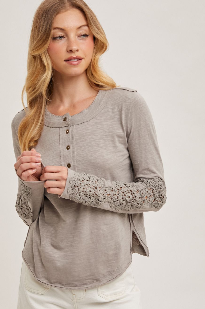CROCHET PATCH SLEEVED HALF BUTTON ROUND NECK TOP, Contents:100%COTTON