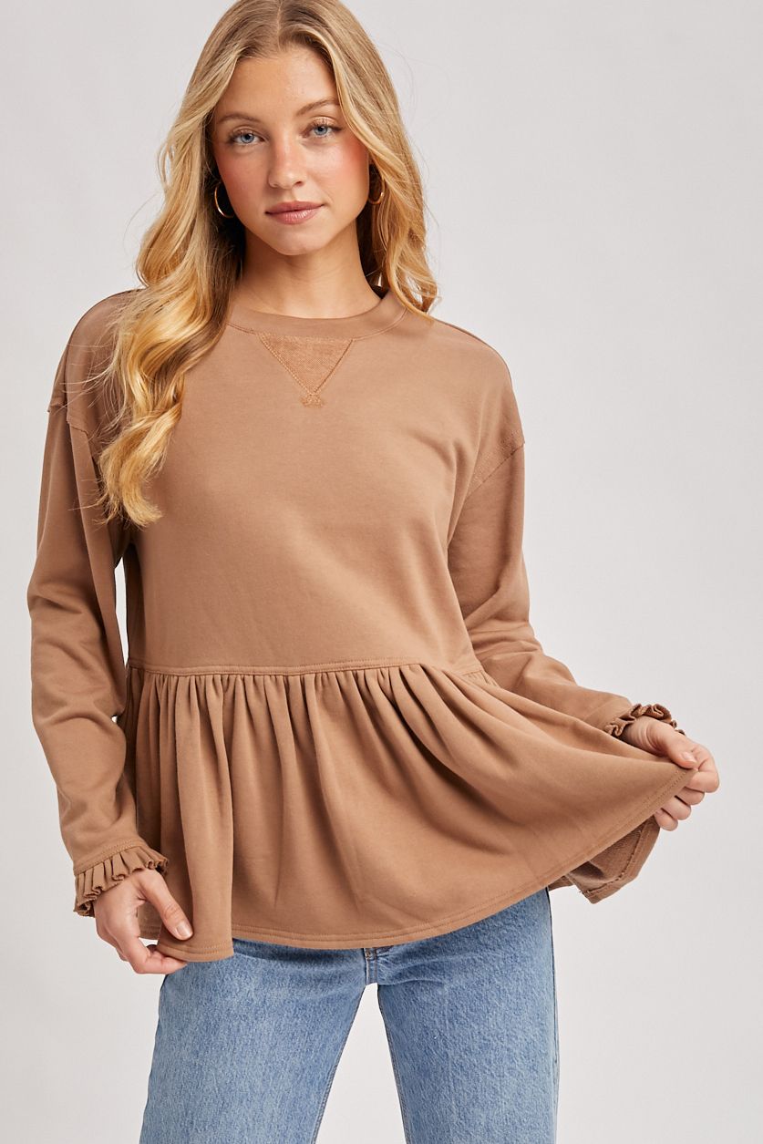 BABYDOLL PEPLUM HEM OVERISZED SWEATSHIRT, Contents:60%COTTON, 40%POLYESTER