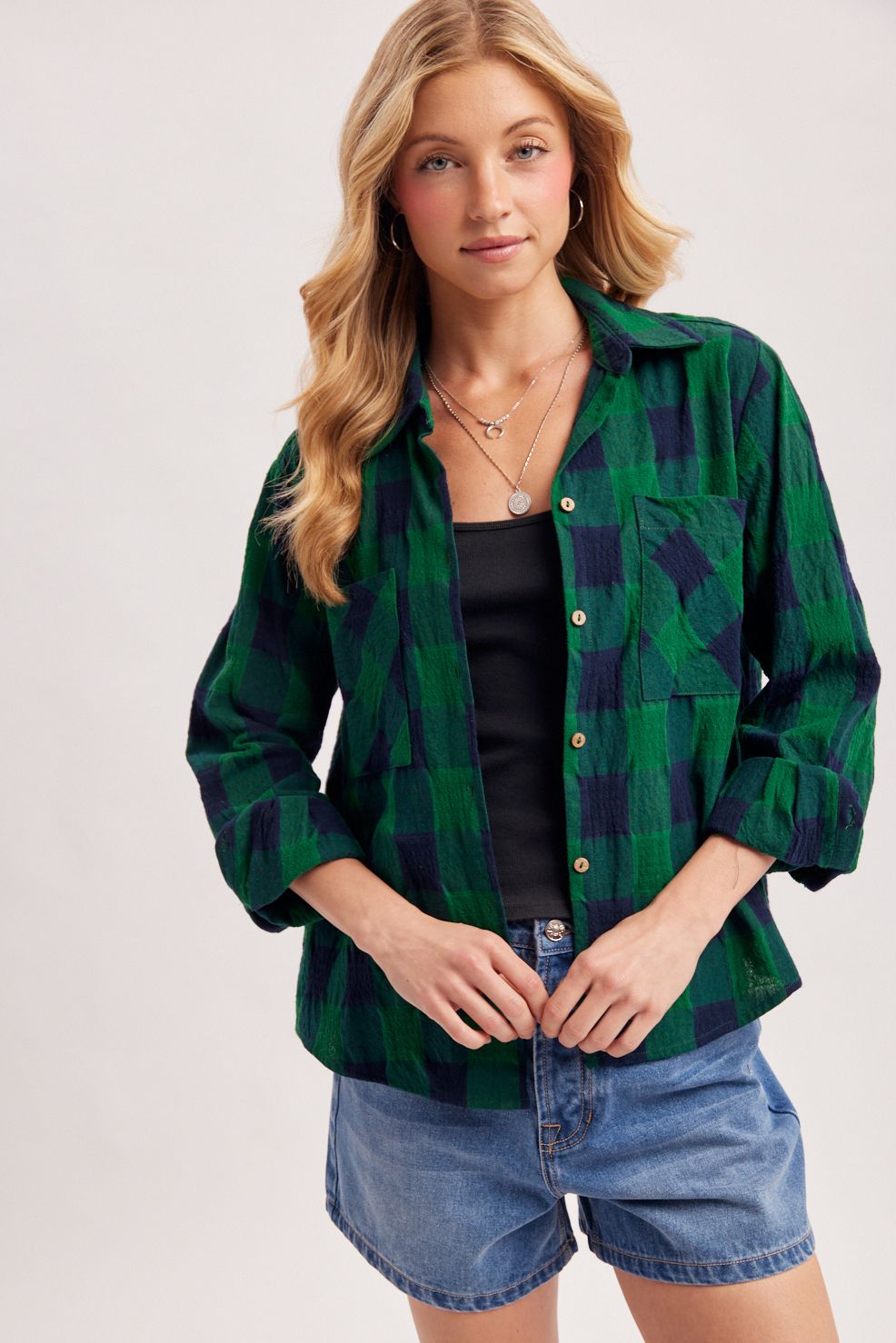 BUTTON DOWN PLAID SHIRT WITH WRINKLED-TEXTURED FABRIC, Contents:100%COTTON