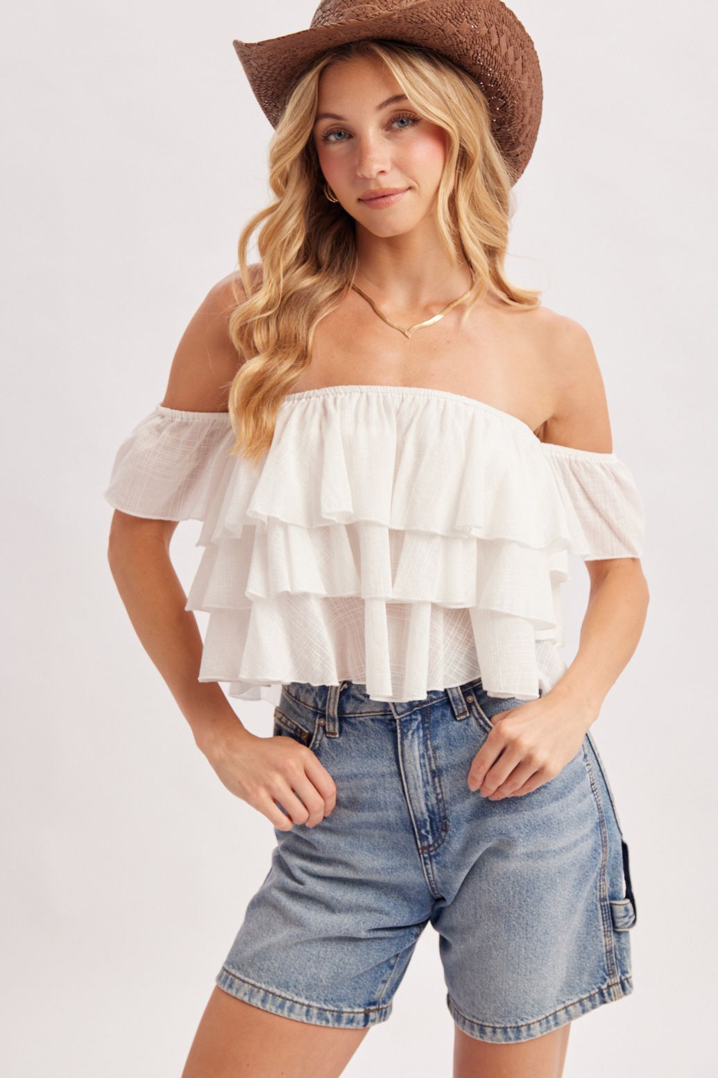 TEXTURED OFF-THE-SHOULDER TIERED CROP TOP, Contents:100%COTTON