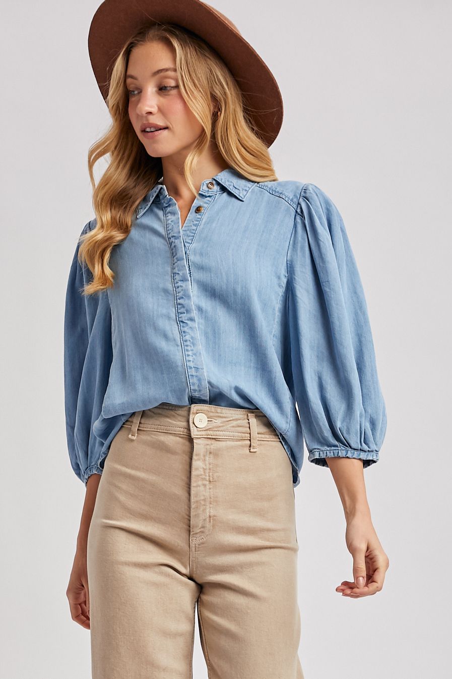DENIM BUTTON DOWN PUFF SLEEVED SHIRT, Contents:100%TENCEL