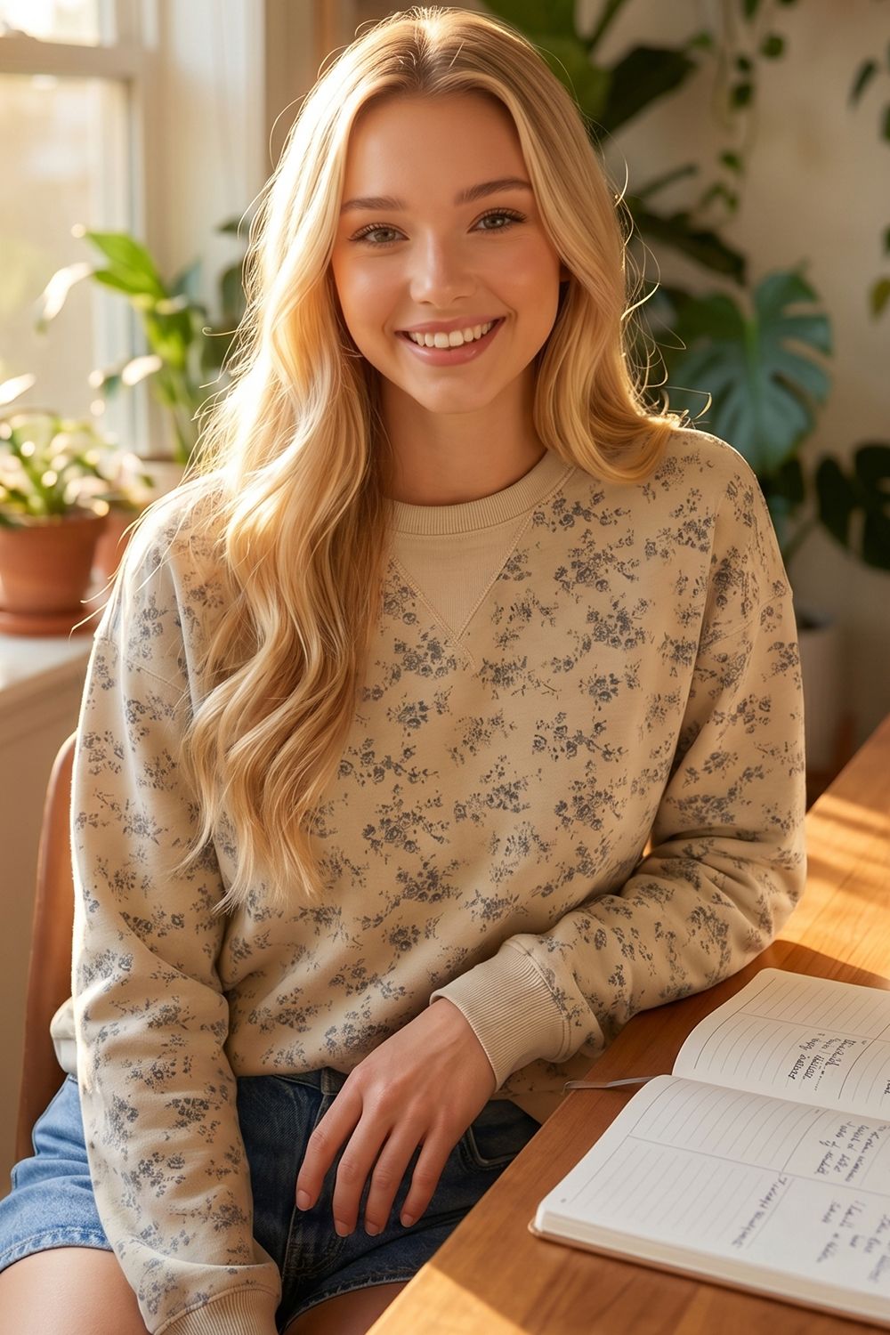 VINTAGE DITSY FLORAL PRINT CREWNECK SWEATSHIRT TOP, Contents:90%COTTON, 10%POLYESTER