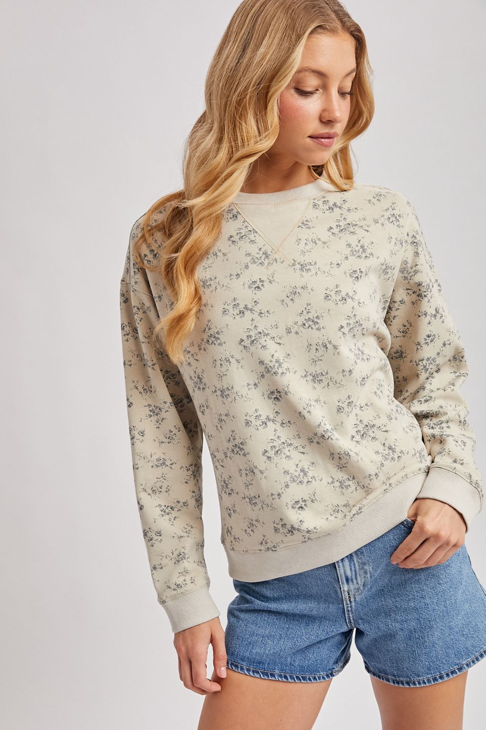 VINTAGE DITSY FLORAL PRINT CREWNECK SWEATSHIRT TOP, Contents:90%COTTON, 10%POLYESTER