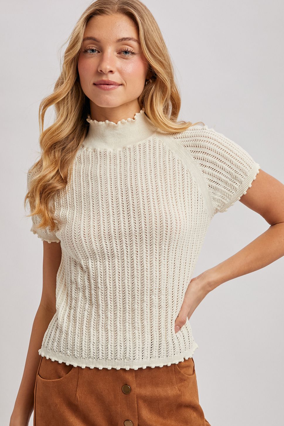 OPEN-KNIT MOCK NECK POINTELLE RUFFLE EDGE SWEATER TEE TOP, Contents:100%COTTON